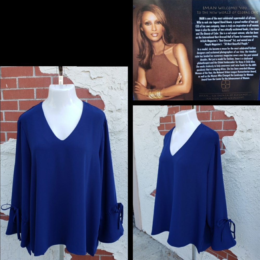 2X NEW Iman HSN v-neck navy blue career blouse